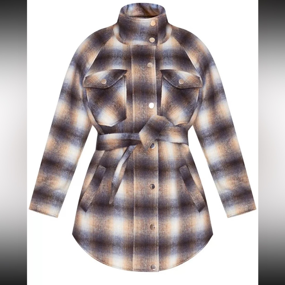 Veronica Beard Amari Belted Shirt Jacket-Khaki Multi, Size-Small